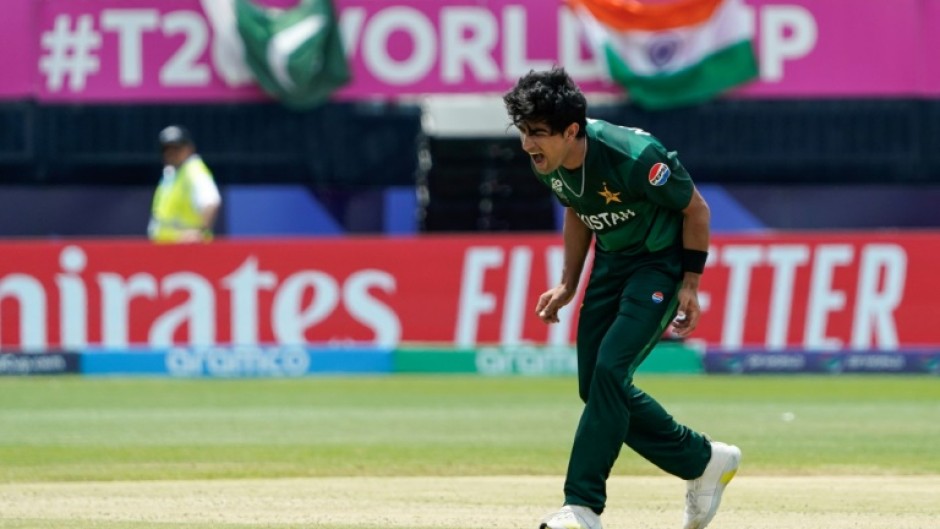 Pakistan's Naseem Shah celebrates taking his third wicket against India at the T20 World Cup on Sunday