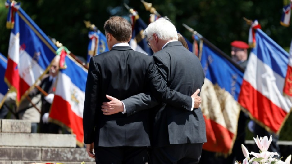 French President Emmanuel Macron and German President Frank-Walter Steinmeier at a ceremony marking a WWII massacre in southwest France