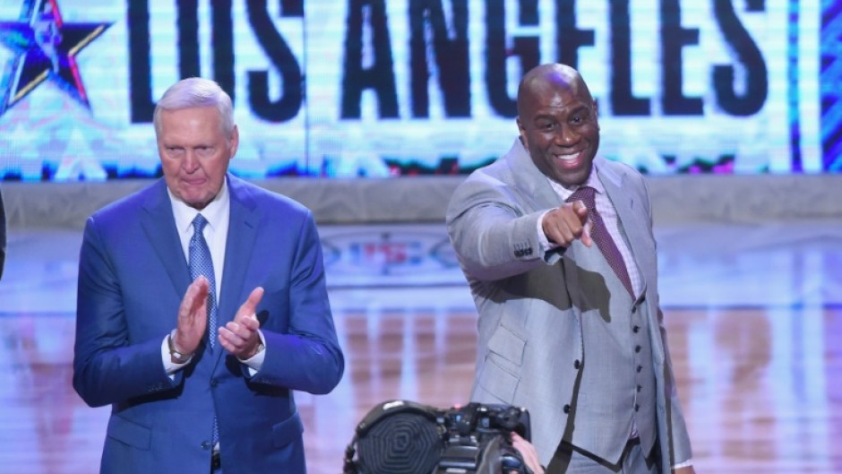 Jerry West (L) and Magic Johnson (R) at the NBA All-Star Game 2018 at Staples Center in Los Angeles