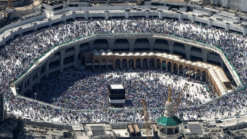 An aerial view of Mecca's Grand Mosque with the Kaaba during the annual hajj pilgrimage