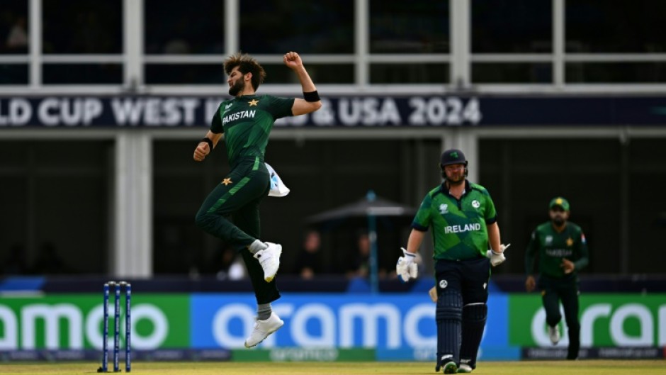 Pakistan's Shaheen Afridi celebrates after he bowls Ireland's Andy Balbirnie during Sunday's T20 World Cup game at Lauderhill