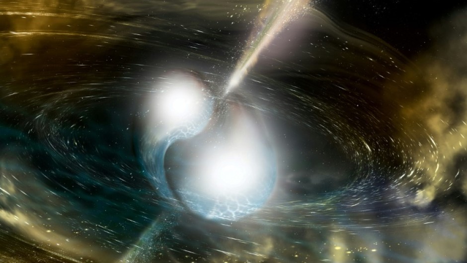 An artist's illustration of two neutron stars merging, creating a gamma-ray burst