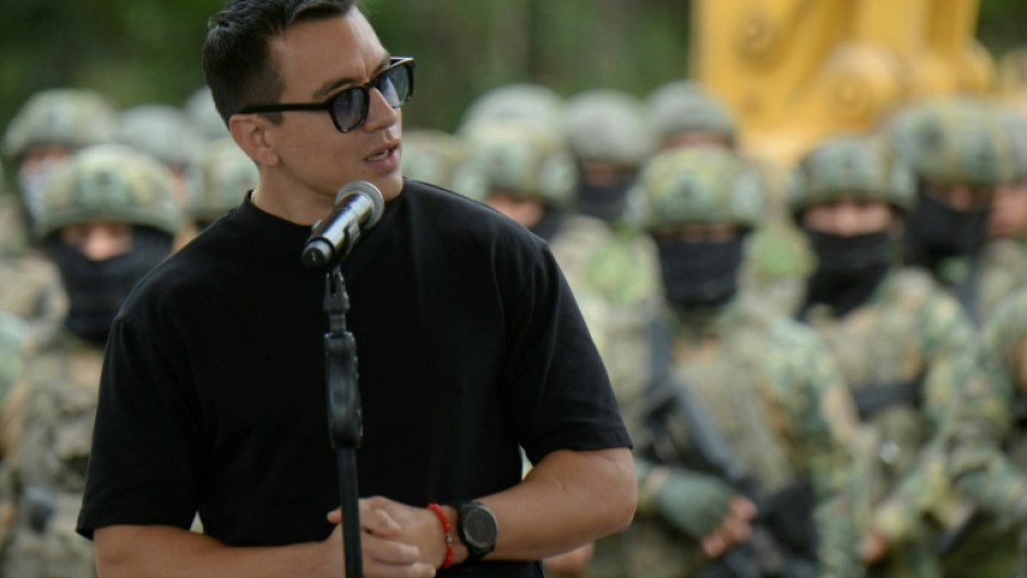 Ecuador's President Daniel Noboa speaks during the launch of construction of a maximum security prison for 800 prisoners in the coastal town of Santa Elena