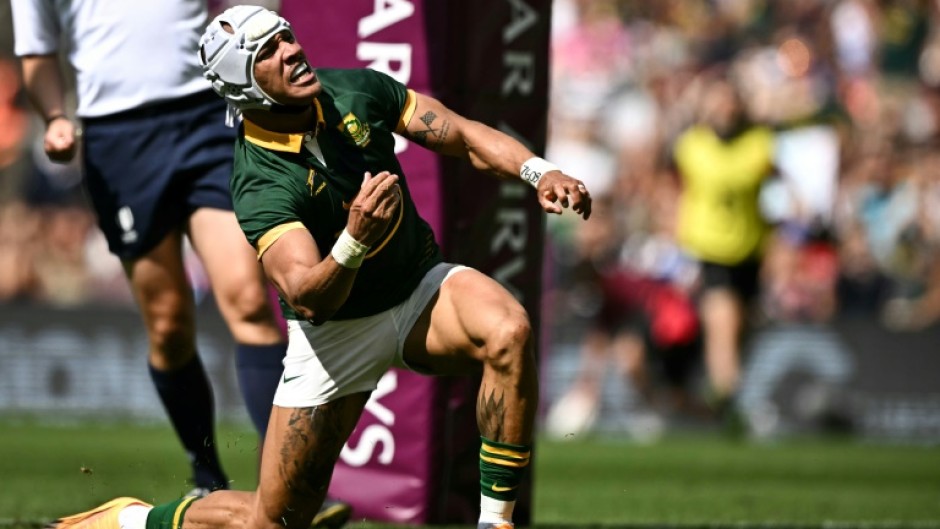 Fine debut: South Africa wing Edwill van der Merwe celebrates scoring a try during a 41-13 win over Wales at Twickenham