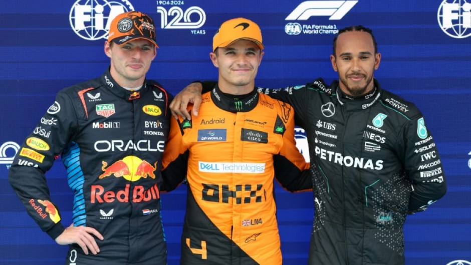 (From L) Red Bull's Max Verstappen, McLaren’s Lando Norris and Mercedes' Lewis Hamilton on the podium at the Spanish Grand Prix