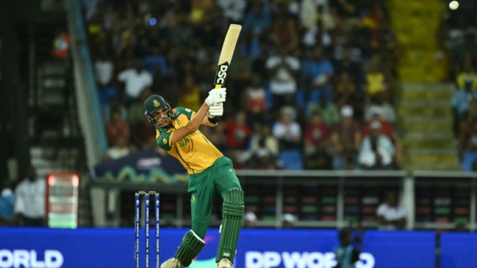 South Africa's Marco Jansen hits the winning six off the first ball of the final over in Antigua