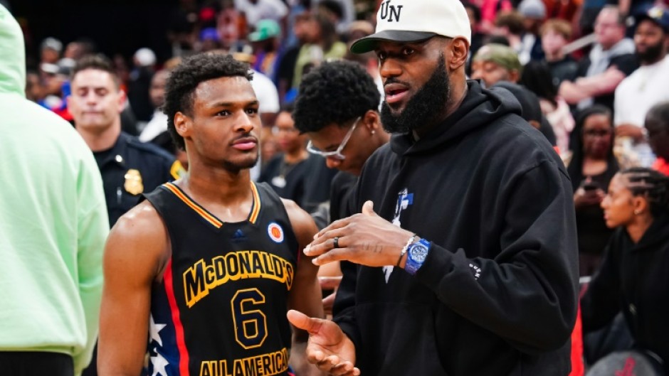 Bronny James, left, was selected by the Los Angeles Lakers with the 55th pick in the NBA Draft and could become the first NBA father-son combination playing for the Lakers alongside his superstar father, LeBron James, right