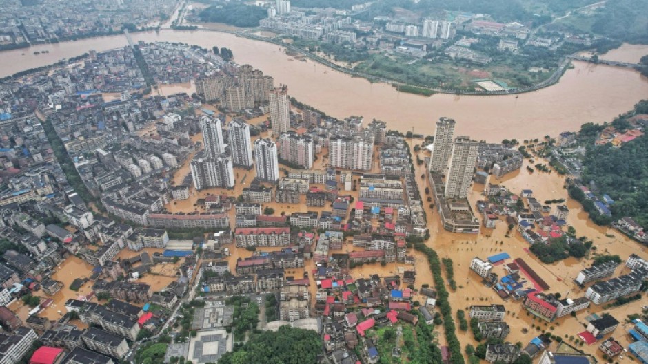 An aerial view of flooded buildings and streets in central China's Hunan province following heavy rains this week