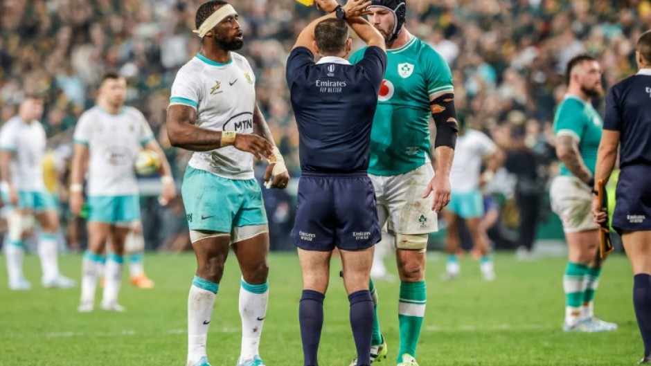 Ireland Caelan Doris (R) was shown a second half yellow card in Durban