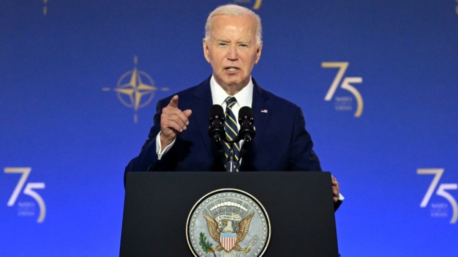 US President Joe Biden speaks during the NATO 75th Anniversary Celebratory Event at the Mellon Auditorium in Washington, DC, on July 9, 2024.