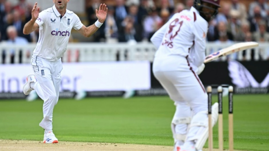 Not quite: England's James Anderson reacts after bowling to West Indies captain Kraigg Brathwaite in the first Test at Lord's