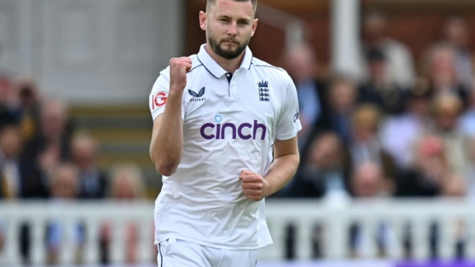 On his way: England's Gus Atkinson celebrates after dismissing West Indies captain Kraigg Brathwaite, his maiden wicket in a debut haul of 7-45 in the first Test at Lord's