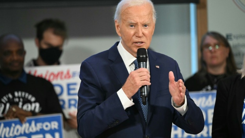 US President Joe Biden speaks as he meets with national union leaders at the American Federation of Labor and Congress of Industrial Organizations (AFL-CIO)  headquarters in Washington, DC, on July 10, 2024.