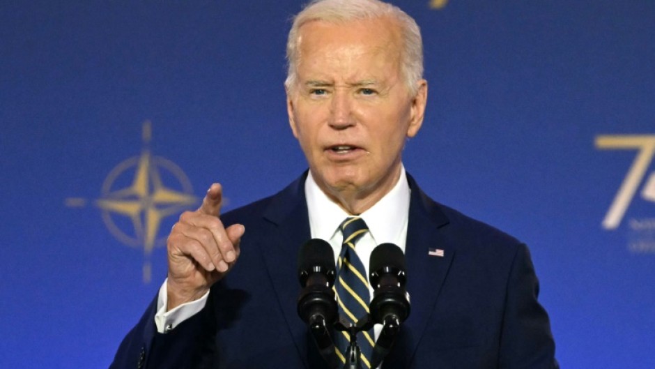 US President Joe Biden corrected himself after accidentally introducing  Ukraine's President Volodymyr Zelensky (R) as Russia's President Vladimir Putin during the Ukraine Compact initiative on the sidelines of the NATO summit in Washington