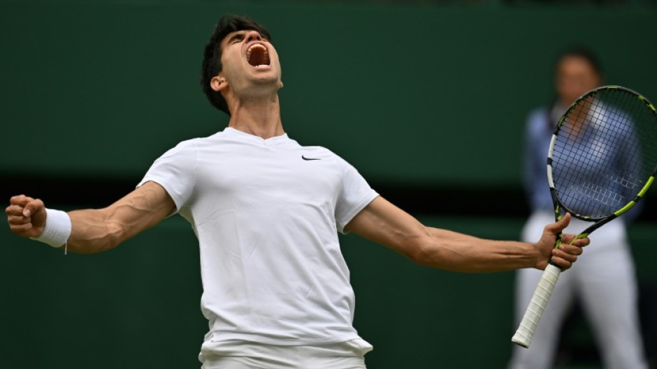 Spain's Carlos Alcaraz celebrates reaching the Wimbledon final