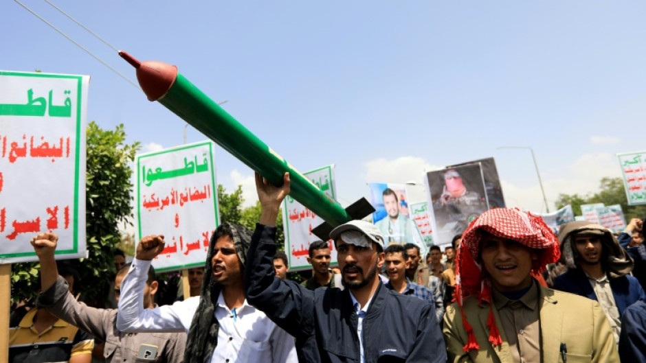 Yemeni students chant anti-Israeli and anti-US slogans at a protest against the Gaza war in the rebel-held capital Sanaa on Wednesday