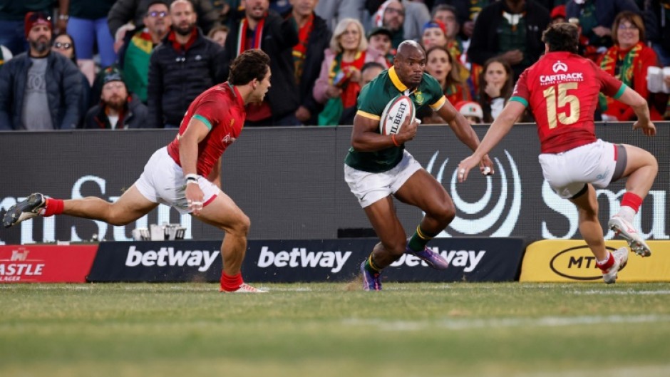 South Africa winger Makazole Mapimpi (C) scored three tries against Portugal in Bloemfontein