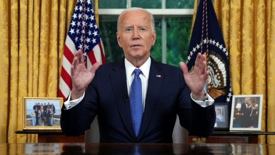 US President Joe Biden speaks during an address to the nation about his decision to not seek reelection, in the Oval Office at the White House on July 24, 2024