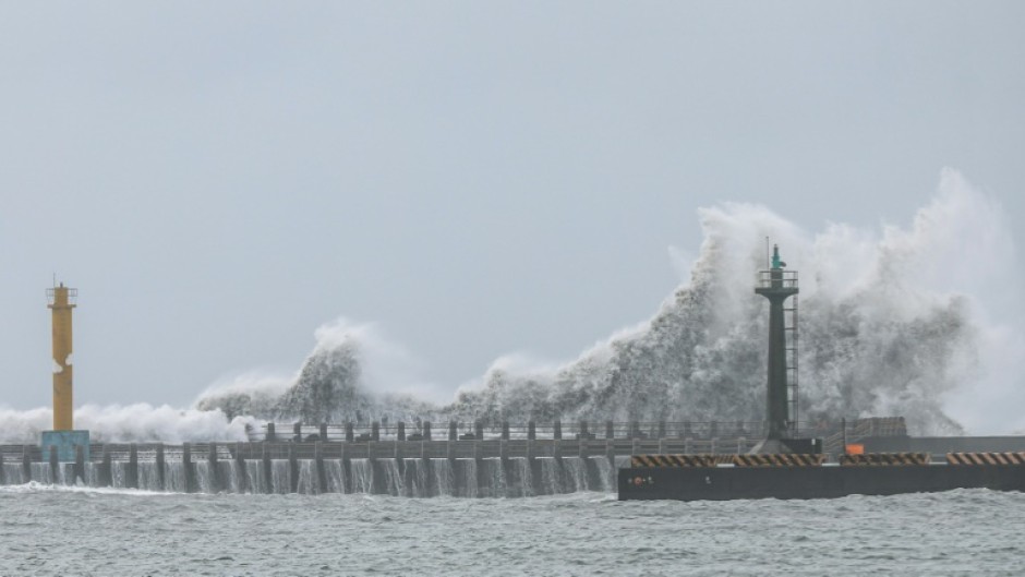 Massive waves crashed against the coast of northeastern Yilan county