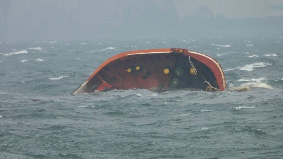 A handout photo from the Philippine Coast Guard shows part of the MT Terra Nova oil tanker after it capsized in Manila Bay