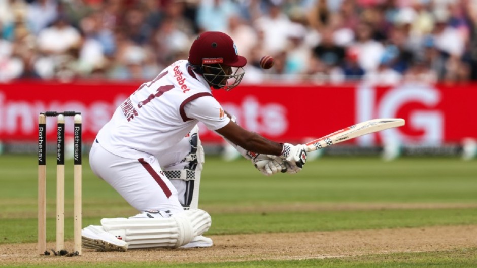 Fine fifty: West Indies captain Kraigg Brathwaite on the attack against England in the third Test at Edgbaston