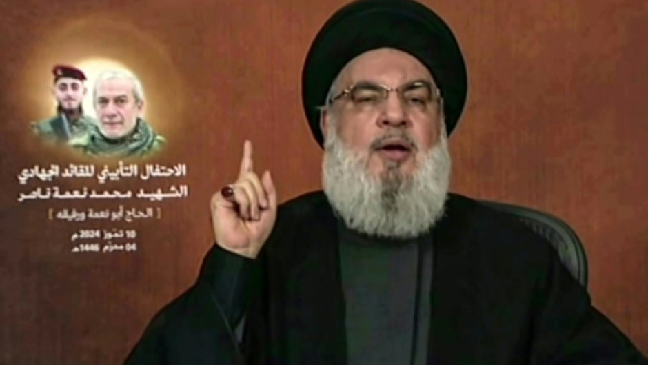 Hezbollah chief Hassan Nasrallah, shown giving a televised address on July 10, 2024, says his movement could count on a number of fighters that 'greatly exceeded' 100,000