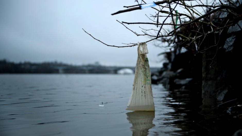 A plastic bag is seen washed up on the banks of the Anacostia River in March 2019 in Washington