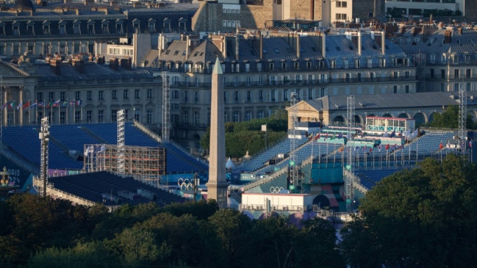 The venues of the Olympic Urban Park arranged round the  Luxor Obelisk at La Concorde seen from the Eiffel Tower