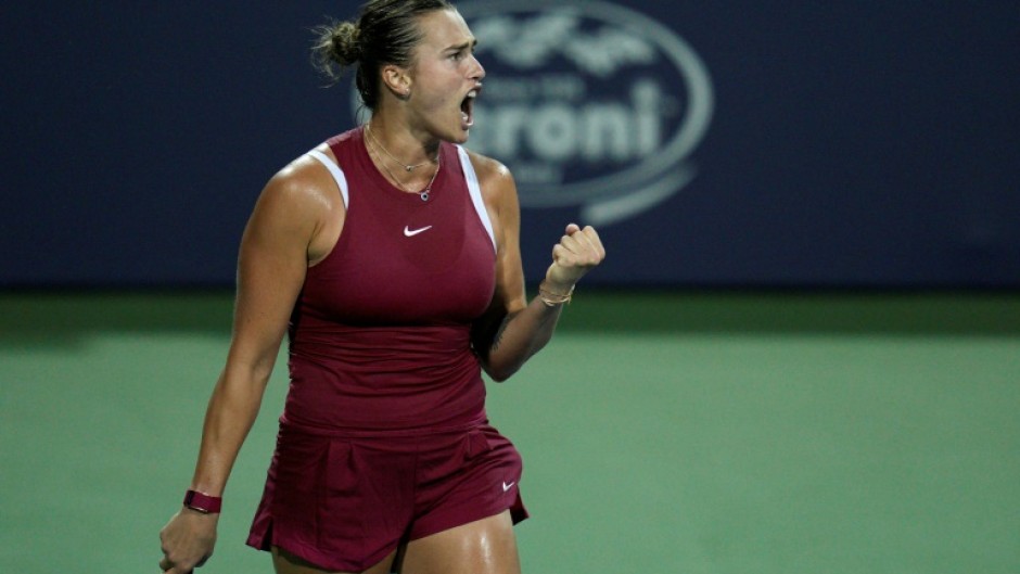 Third-ranked Aryna Sabalenka of Belarus reacts after winning a point in a quarter-final victory over compatriot Victoria Azarenka at the WTA Washington Open