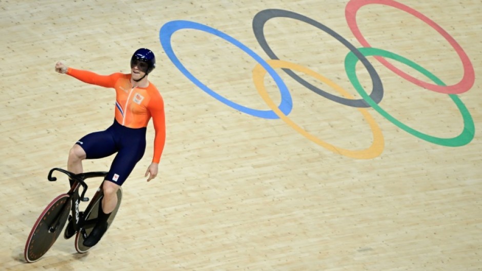 Netherlands' Harrie Lavreysen celebrates after breaking the men's sprint world record