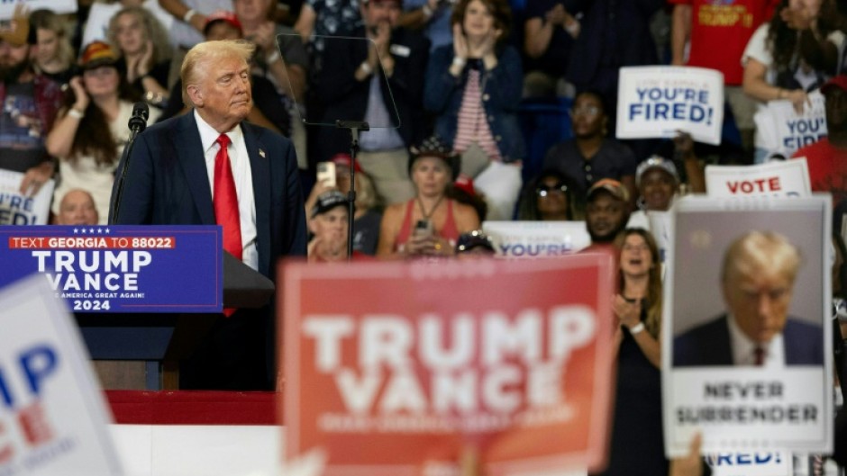 Donald Trump speaks during a campaign rally at the Georgia State University Convocation Center in Atlanta, Georgia, on August 3, 2024