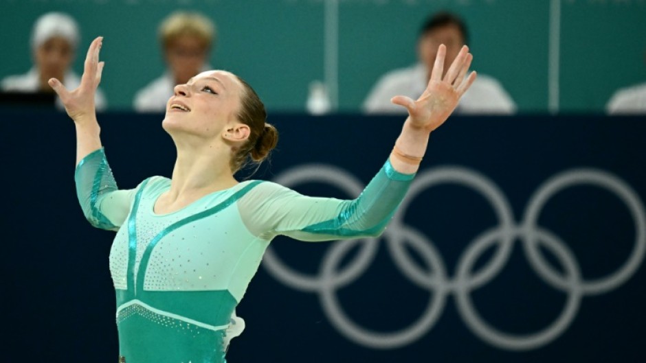 Romania's Ana Barbosu competes in the women's gymnastics floor exercise final at the Paris Olympics