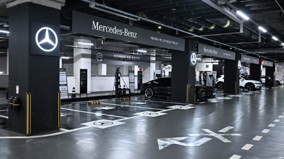 A Mercedes electric car charging station at a parking lot in Seoul. Mercedes-Benz Korea has released the names of its electric vehicle battery suppliers, bowing to public outrage after one of its cars burst into flame in a parking lot earlier this month.