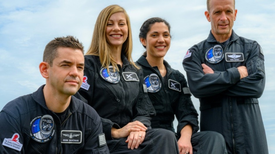 The SpaceX Polaris Dawn crew (L to R:) Jared Isaacman, Anna Menon, Sarah Gillis and Scott Poteet