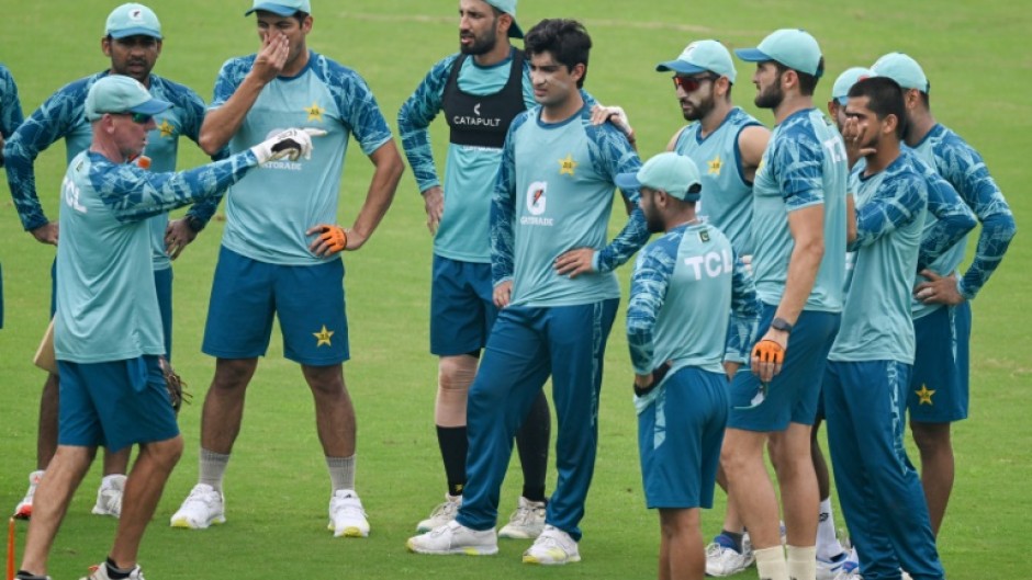 Pakistan's cricketers attend a training session at Rawalpindi Cricket Stadium ahead of the first Test against Bangladesh.