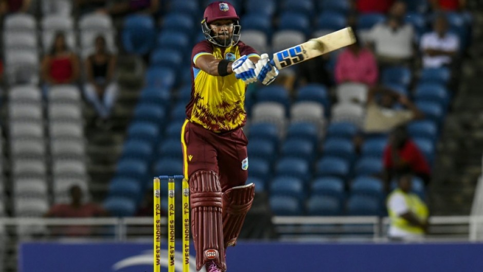 Nicholas Pooran of West Indies hits a six during the T20i win against South Africa at the Brian Lara Cricket Academy Stadium in Trinidad and Tobago on August 23, 2024