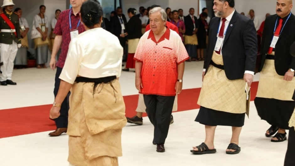 United Nations Secretary-General Antonio Guterres (C) attends the Pacific Islands Forum in Nuku’alofa on August 26, 2024.