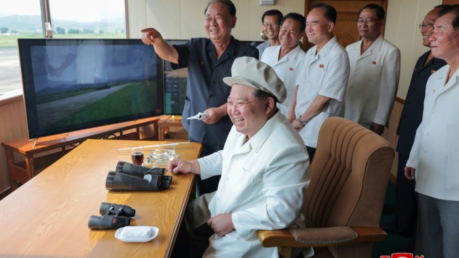 A Korean Central News Agency photo from August 26 shows North Korean leader Kim Jong Un inspecting a  test of drones at an undisclosed location in North Korea