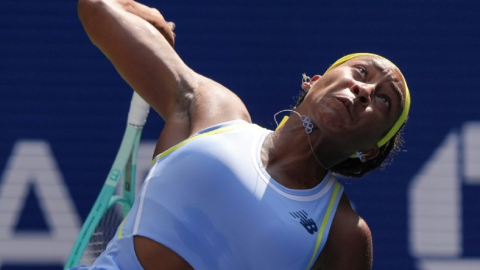 Defending champion Coco Gauff serves on the way to a US Open first-round victory over Varvara Gracheva