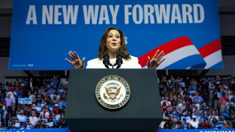 Democratic presidential candidate Kamala Harris speaks at a campaign rally in Savannah, Georgia on August 29, 2024