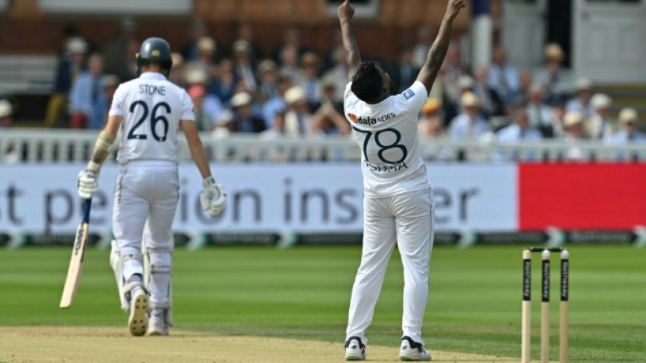 Five-wicket haul: Sri Lanka's Asitha Fernando celebrates dismssing Olly Stone for innings figures of 5-102 in the second Test against England at Lord's