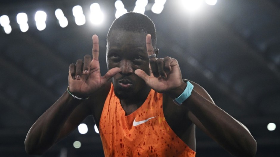 Botswana's Letsile Tebogo celebrates after winning the men's 100m in Rome