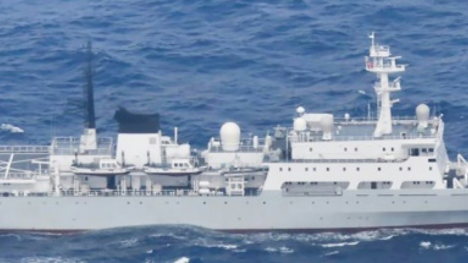 A handout picture taken on August 31 and released September 1 by Japan's Ministry of Defense Joint Staff Office shows a Chinese naval survey vessel entering Japanese territorial waters off Yakushima Island