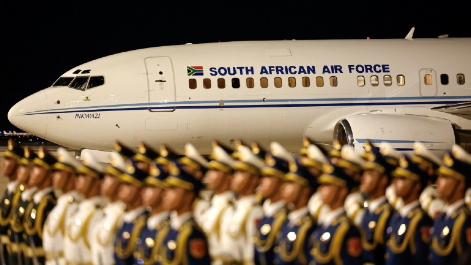 An airplane carrying South African President Cyril Ramaphosa arrives in Bejing ahead of the 2024 Summit of the Forum on China-Africa Cooperation