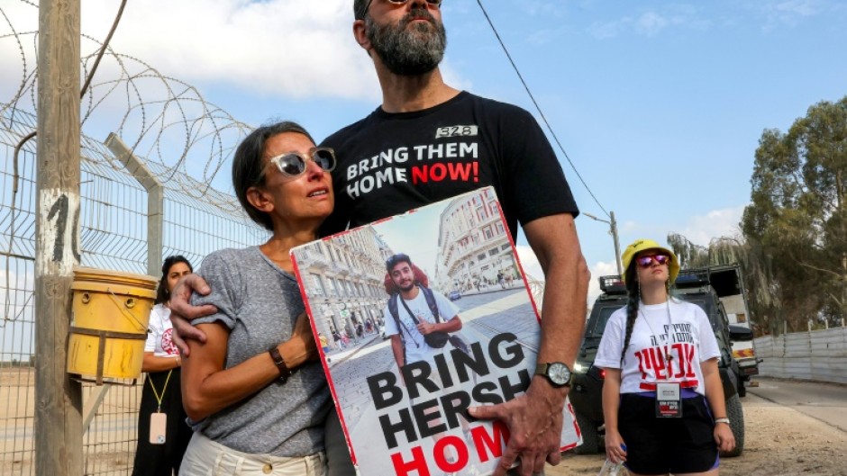 Jonathan Polin and Rachel Goldberg, parents of Hersh Goldberg-Polin, during a demonstration near Kibbutz Nirim in southern Israel on August 29, 2024