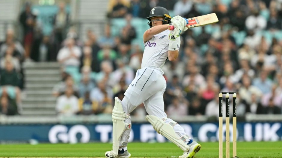 On the attack: England captain Ollie Pope hits a six off Lahiru Kumara in the third Test at the Oval