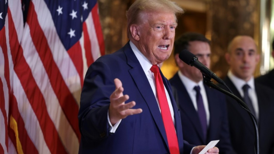 US former president and Republican presidential candidate Donald Trump speaks at Trump Tower in New York City