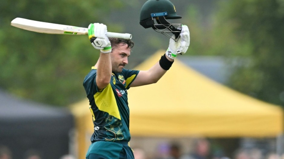 Rapid hundred: Australia's Josh Inglis celebrates his century during the second T20 against Scotland in Edinburgh