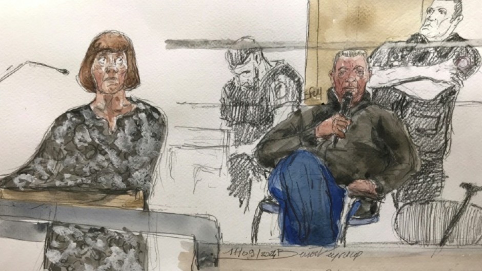 A court sketch shows defendant Dominique Pelicot (2R) with his ex-wife, Gisele (L)