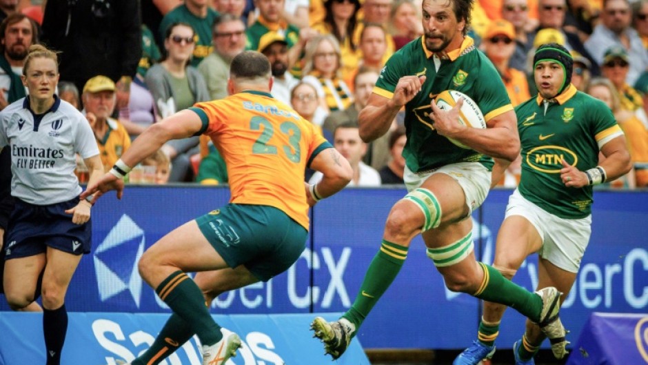 South Africa lock Eben Etzebeth (R) makes a charge against Australia in Brisbane during a 2024 Rugby Championship match.